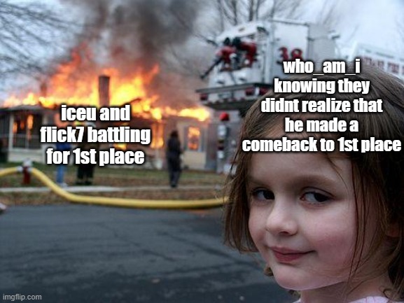 WHO_AM_I COMMENT ON MY MEME :D | who_am_i knowing they didnt realize that he made a comeback to 1st place; iceu and flick7 battling for 1st place | image tagged in memes,disaster girl,who_am_i | made w/ Imgflip meme maker