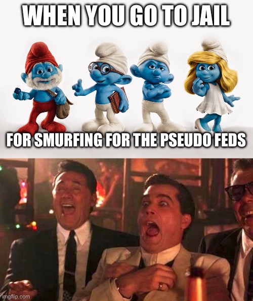 Your Just Cheap Little Mules | WHEN YOU GO TO JAIL; FOR SMURFING FOR THE PSEUDO FEDS | image tagged in smurfs,goodfellas laughing scene henry hill | made w/ Imgflip meme maker