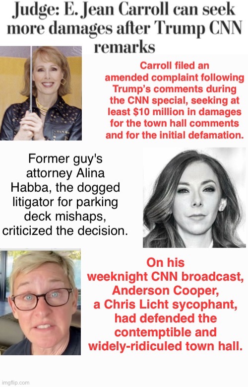 Bravo E. Jean Carroll | image tagged in defamation,cnn is a joke,anderson cooper the nepo baby,whatever happened to chris licht | made w/ Imgflip meme maker
