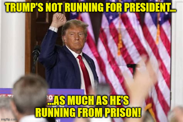 Run Trump run!!!! | TRUMP'S NOT RUNNING FOR PRESIDENT... ...AS MUCH AS HE'S RUNNING FROM PRISON! | image tagged in donald trump,indicted,arraigned,prison,felon,maga | made w/ Imgflip meme maker