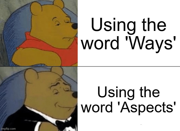 Tuxedo Winnie The Pooh Meme | Using the word 'Ways'; Using the word 'Aspects' | image tagged in memes,tuxedo winnie the pooh | made w/ Imgflip meme maker