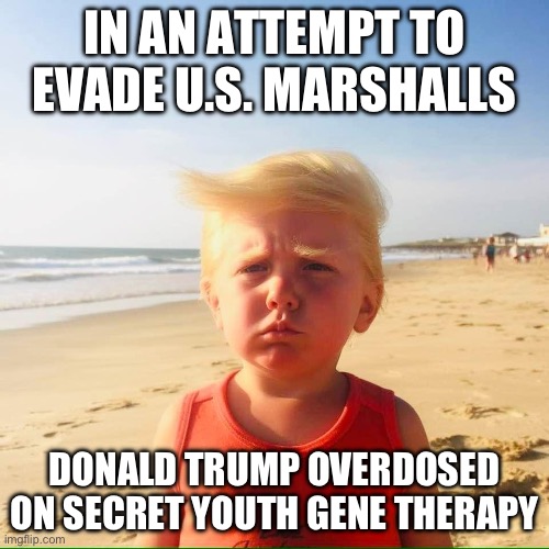 That secret gene rejuvenation therapy | IN AN ATTEMPT TO EVADE U.S. MARSHALLS; DONALD TRUMP OVERDOSED ON SECRET YOUTH GENE THERAPY | image tagged in six year old donald trump,gene therapy,us marshall,political meme | made w/ Imgflip meme maker
