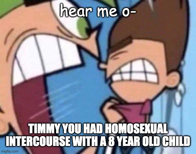 bro what the hell | hear me o-; TIMMY YOU HAD HOMOSEXUAL INTERCOURSE WITH A 8 YEAR OLD CHILD | image tagged in cosmo yelling at timmy | made w/ Imgflip meme maker