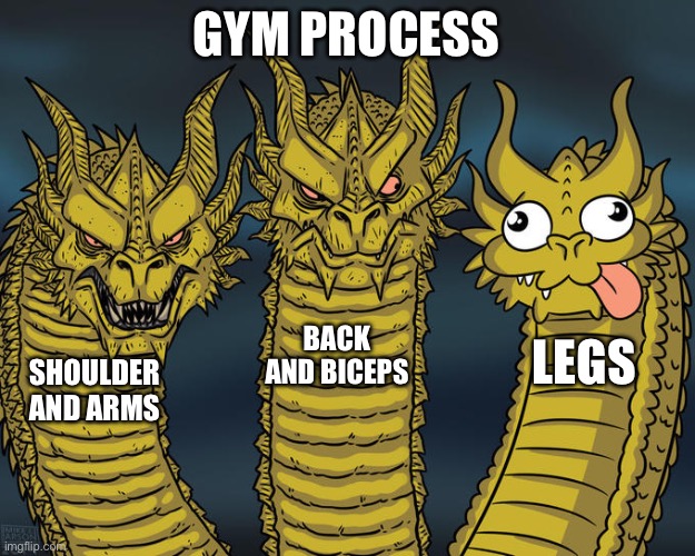 Gym | GYM PROCESS; BACK AND BICEPS; LEGS; SHOULDER AND ARMS | image tagged in three-headed dragon | made w/ Imgflip meme maker