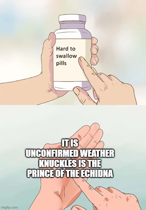 Does anyone else assume this? | IT IS UNCONFIRMED WEATHER KNUCKLES IS THE PRINCE OF THE ECHIDNA | image tagged in memes,hard to swallow pills | made w/ Imgflip meme maker