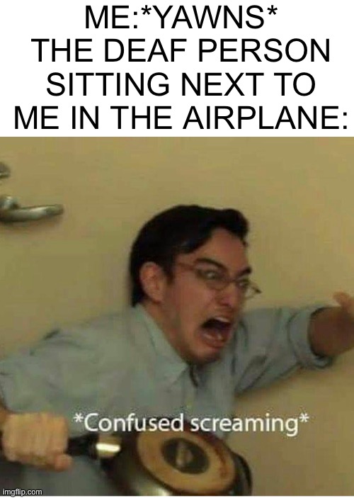 Then the whole cabin erupts into chaos because one deaf person thought the plane was going down | ME:*YAWNS*
THE DEAF PERSON SITTING NEXT TO ME IN THE AIRPLANE: | image tagged in confused screaming,airplane,deaf,memes | made w/ Imgflip meme maker