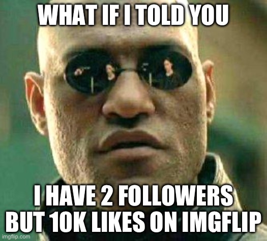 For real tho | WHAT IF I TOLD YOU; I HAVE 2 FOLLOWERS BUT 10K LIKES ON IMGFLIP | image tagged in memes,fax,funny meme | made w/ Imgflip meme maker