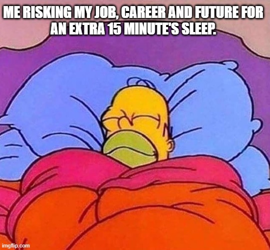 Totally worth it | ME RISKING MY JOB, CAREER AND FUTURE FOR
AN EXTRA 15 MINUTE'S SLEEP. | image tagged in homer simpson sleeping peacefully | made w/ Imgflip meme maker