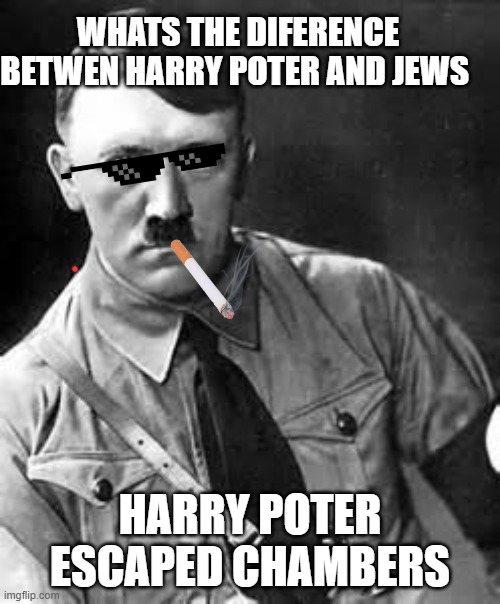 Adolf Hitler | WHATS THE DIFERENCE BETWEN HARRY POTER AND JEWS; HARRY POTER ESCAPED CHAMBERS | image tagged in adolf hitler | made w/ Imgflip meme maker