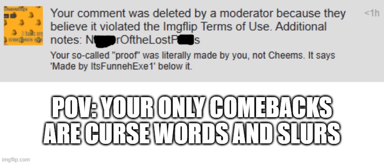 This guy was claiming that Cheems did bad stuff and his proof was a meme... that he himself created. | POV: YOUR ONLY COMEBACKS ARE CURSE WORDS AND SLURS | image tagged in no,stop | made w/ Imgflip meme maker