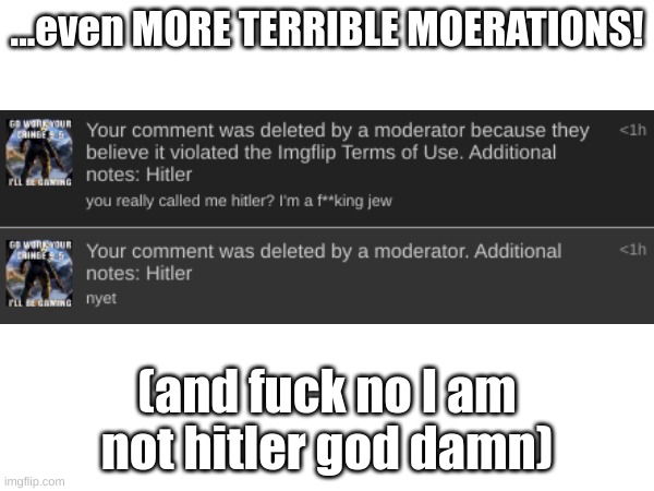 ...even MORE TERRIBLE MOERATIONS! (and fuck no I am not hitler god damn) | made w/ Imgflip meme maker