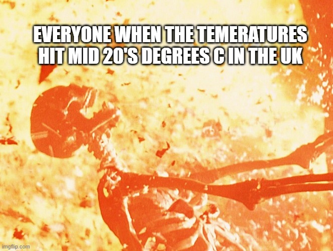 Fire skeleton | EVERYONE WHEN THE TEMERATURES HIT MID 20'S DEGREES C IN THE UK | image tagged in fire skeleton | made w/ Imgflip meme maker