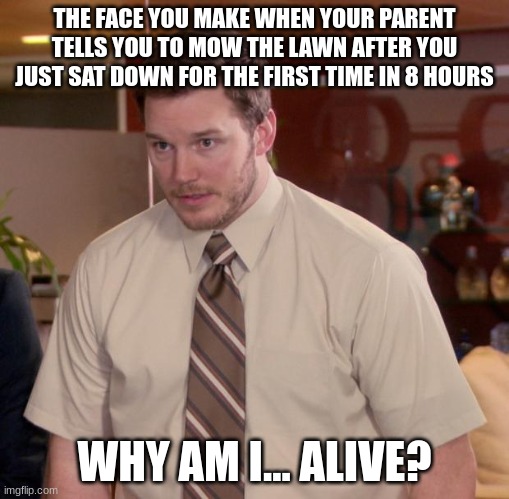 come on man, why you do this to me? | THE FACE YOU MAKE WHEN YOUR PARENT TELLS YOU TO MOW THE LAWN AFTER YOU JUST SAT DOWN FOR THE FIRST TIME IN 8 HOURS; WHY AM I... ALIVE? | image tagged in memes,afraid to ask andy,parent,lawn,meme | made w/ Imgflip meme maker