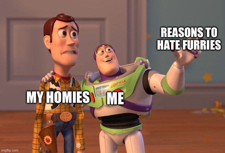 True | REASONS TO HATE FURRIES; ME; MY HOMIES | image tagged in memes,x x everywhere | made w/ Imgflip meme maker