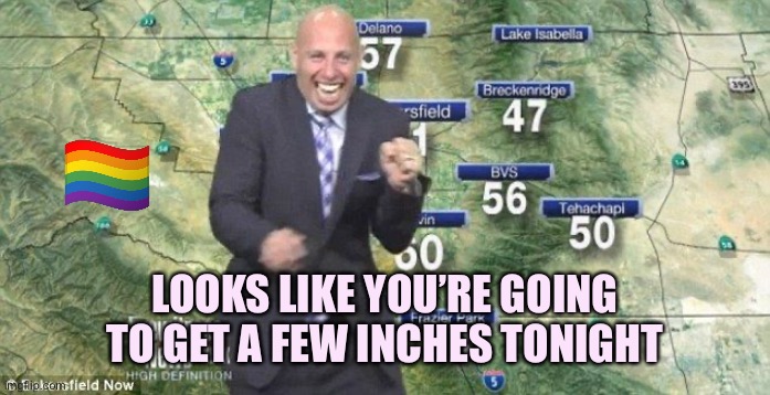 Idiot Weatherman | LOOKS LIKE YOU’RE GOING TO GET A FEW INCHES TONIGHT | image tagged in idiot weatherman | made w/ Imgflip meme maker