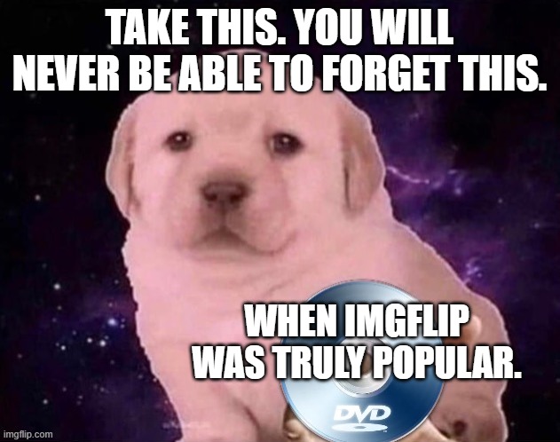Dog Gives the DVD | TAKE THIS. YOU WILL NEVER BE ABLE TO FORGET THIS. WHEN IMGFLIP WAS TRULY POPULAR. | image tagged in dog gives the dvd | made w/ Imgflip meme maker