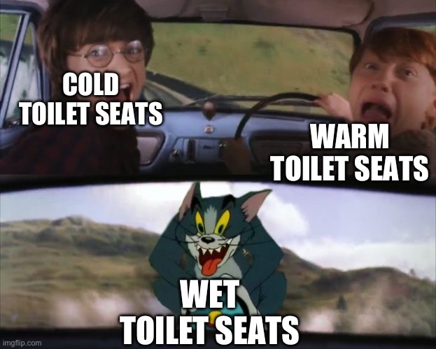 Tom chasing Harry and Ron Weasly | COLD TOILET SEATS; WARM TOILET SEATS; WET TOILET SEATS | image tagged in tom chasing harry and ron weasly,toilet,fun stream,funny,funny memes | made w/ Imgflip meme maker