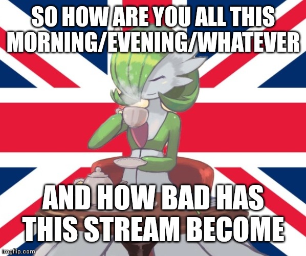 I've barely been around here | SO HOW ARE YOU ALL THIS MORNING/EVENING/WHATEVER; AND HOW BAD HAS THIS STREAM BECOME | image tagged in gardi the bri'ish | made w/ Imgflip meme maker