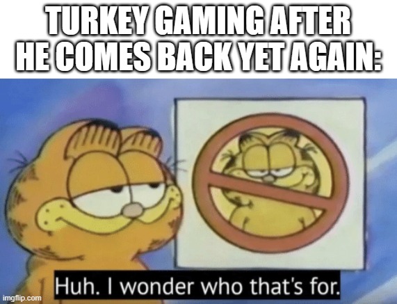 At this point he needs to be IP banned somehow. | TURKEY GAMING AFTER HE COMES BACK YET AGAIN: | image tagged in garfield wonders,turkey gaming is bad | made w/ Imgflip meme maker