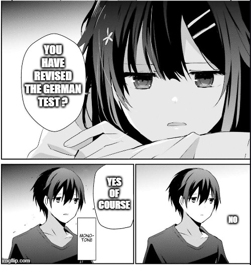 Good morning Cid | YOU HAVE REVISED THE GERMAN TEST ? YES OF COURSE; NO | image tagged in anime,school,memes | made w/ Imgflip meme maker