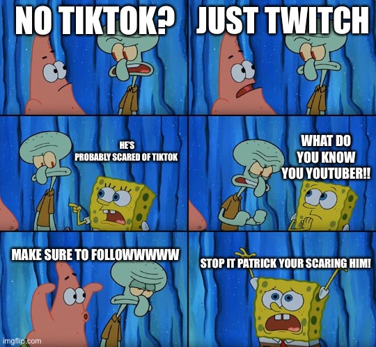Stop it, Patrick! You're Scaring Him! | NO TIKTOK? JUST TWITCH; HE’S PROBABLY SCARED OF TIKTOK; WHAT DO YOU KNOW YOU YOUTUBER!! MAKE SURE TO FOLLOWWWWW; STOP IT PATRICK YOUR SCARING HIM! | image tagged in stop it patrick you're scaring him | made w/ Imgflip meme maker