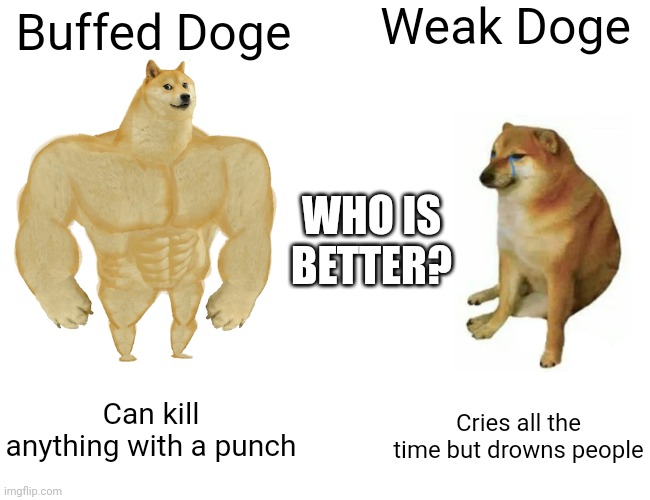 Who is better? | Weak Doge; Buffed Doge; WHO IS BETTER? Can kill anything with a punch; Cries all the time but drowns people | image tagged in memes,buff doge vs cheems | made w/ Imgflip meme maker