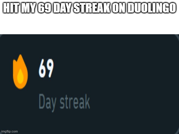 hit my 69 day streak today | HIT MY 69 DAY STREAK ON DUOLINGO | image tagged in duolingo | made w/ Imgflip meme maker