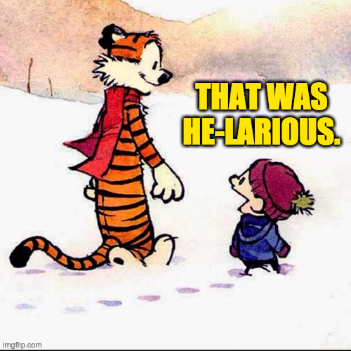 Calvin and hobbs | THAT WAS HE-LARIOUS. | image tagged in calvin and hobbs | made w/ Imgflip meme maker