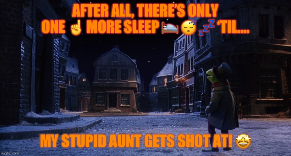 Muppet Christmas Carol Kermit One More Sleep | AFTER ALL, THERE’S ONLY ONE ☝️ MORE SLEEP 🛌 😴 💤 ‘TIL…. MY STUPID AUNT GETS SHOT AT! 🤩 | image tagged in muppet christmas carol kermit one more sleep | made w/ Imgflip meme maker