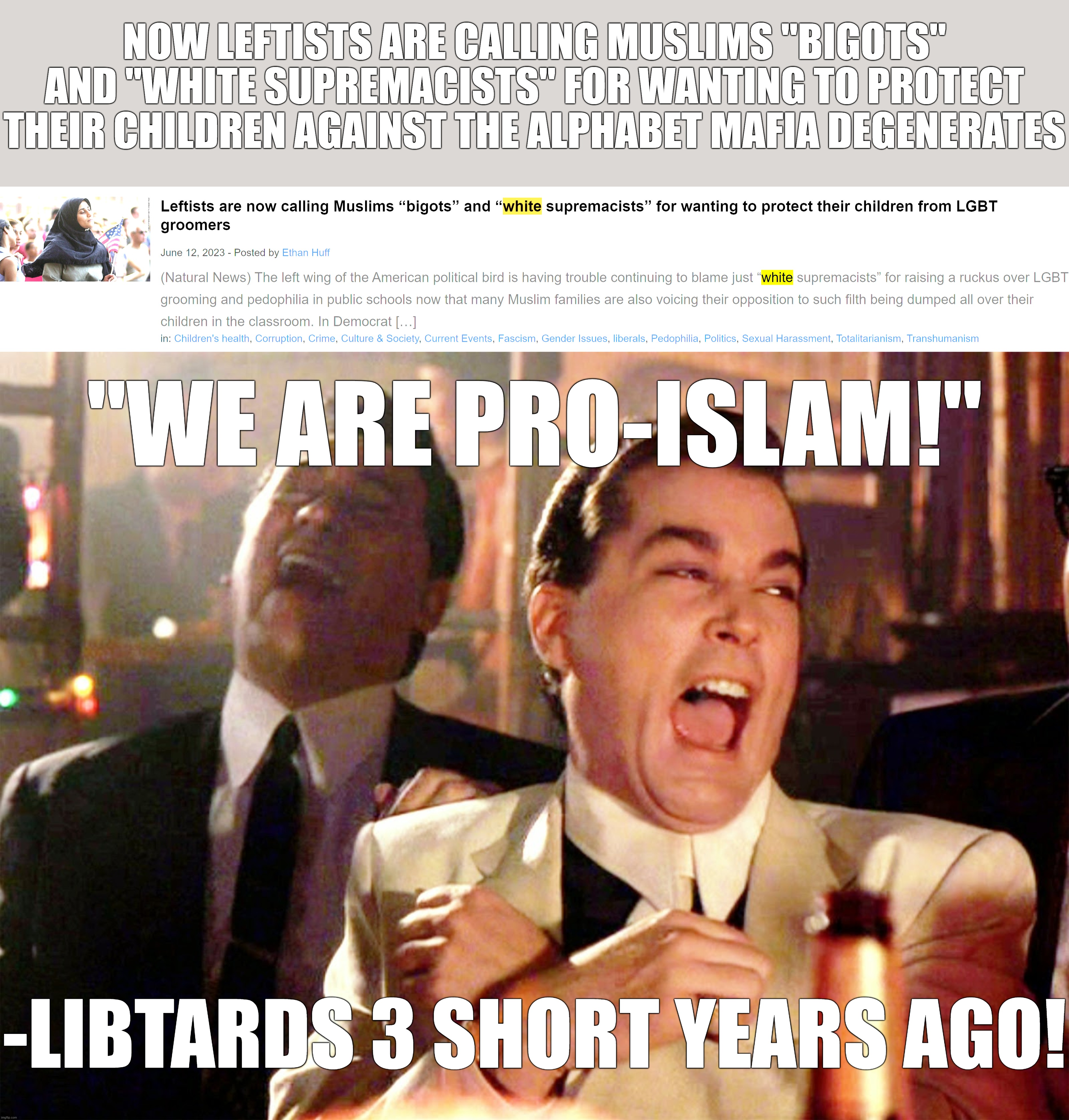 #NeverEverAProggieHypocrite | NOW LEFTISTS ARE CALLING MUSLIMS "BIGOTS" AND "WHITE SUPREMACISTS" FOR WANTING TO PROTECT THEIR CHILDREN AGAINST THE ALPHABET MAFIA DEGENERATES; "WE ARE PRO-ISLAM!"; -LIBTARDS 3 SHORT YEARS AGO! | image tagged in good fellas hilarious,libtards,liberal logic,lgbtq,lgbt,islamophobia | made w/ Imgflip meme maker