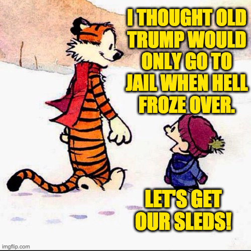 Calvin and Hobbes. | I THOUGHT OLD
TRUMP WOULD
ONLY GO TO
JAIL WHEN HELL
FROZE OVER. LET'S GET
OUR SLEDS! | image tagged in calvin and hobbs,memes,trump | made w/ Imgflip meme maker