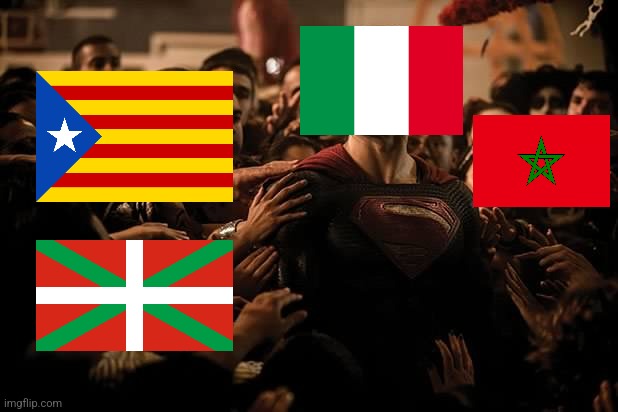 Italy praised by Catalonia, Basque Country and Morocco before encounter with Spain | image tagged in superman praised,italy,spain,catalunya,futbol,sports | made w/ Imgflip meme maker