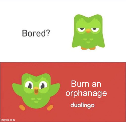 DUOLINGO BORED | Burn an orphanage | image tagged in duolingo bored | made w/ Imgflip meme maker