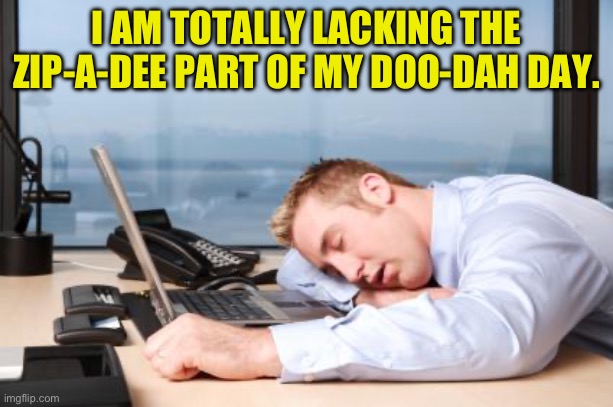 Not whistling a happy tune | I AM TOTALLY LACKING THE ZIP-A-DEE PART OF MY DOO-DAH DAY. | image tagged in tiredatwork | made w/ Imgflip meme maker