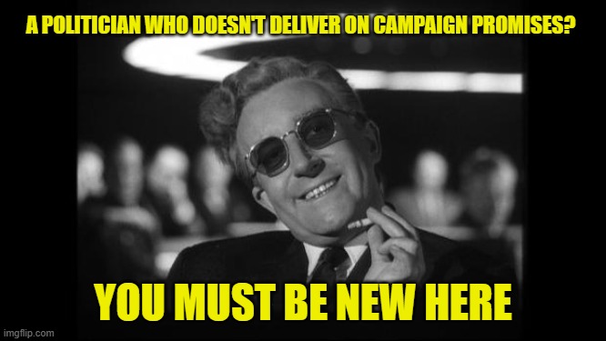 dr strangelove | A POLITICIAN WHO DOESN'T DELIVER ON CAMPAIGN PROMISES? YOU MUST BE NEW HERE | image tagged in dr strangelove | made w/ Imgflip meme maker