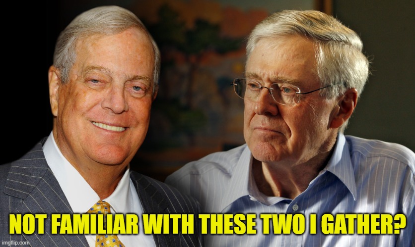 Koch brothers danger | NOT FAMILIAR WITH THESE TWO I GATHER? | image tagged in koch brothers danger | made w/ Imgflip meme maker