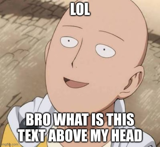 saitama breaks the 4th wall | LOL; BRO WHAT IS THIS TEXT ABOVE MY HEAD | image tagged in saitama | made w/ Imgflip meme maker