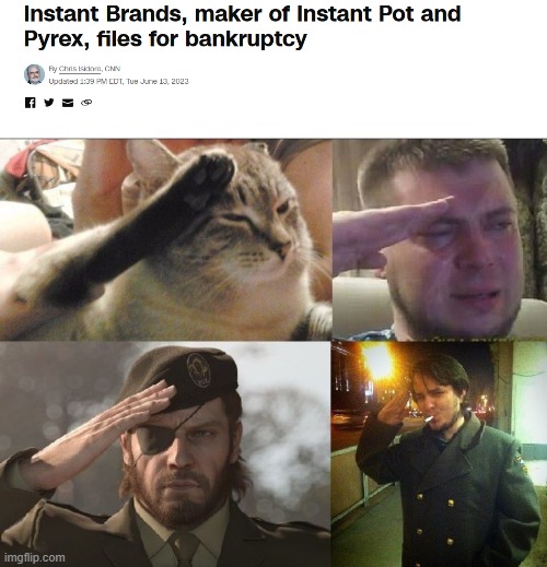 Thanks for your service | image tagged in four-man salute,pyrex,bankruptcy,food | made w/ Imgflip meme maker