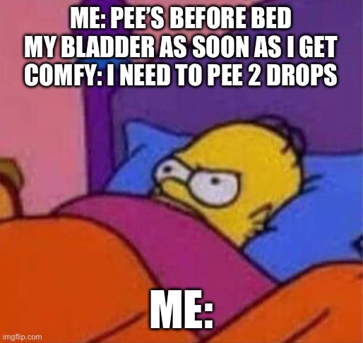 BRO COME ON | ME: PEE’S BEFORE BED
MY BLADDER AS SOON AS I GET COMFY: I NEED TO PEE 2 DROPS; ME: | image tagged in angry homer simpson in bed,pee,sleep | made w/ Imgflip meme maker