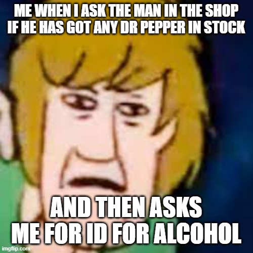 shaggy wtf face | ME WHEN I ASK THE MAN IN THE SHOP IF HE HAS GOT ANY DR PEPPER IN STOCK; AND THEN ASKS ME FOR ID FOR ALCOHOL | image tagged in shaggy wtf face | made w/ Imgflip meme maker
