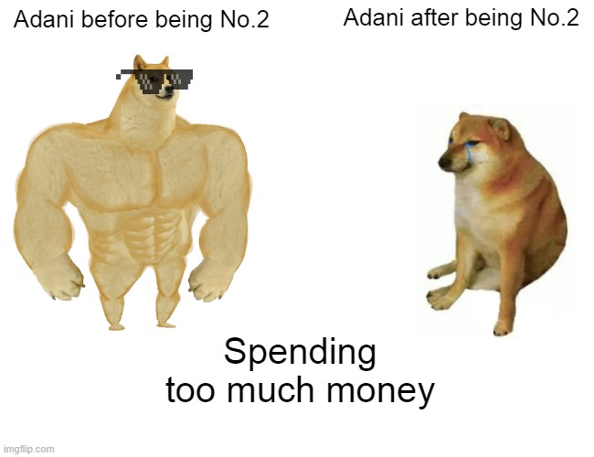 Buff Doge vs. Cheems Meme | Adani after being No.2; Adani before being No.2; Spending too much money | image tagged in memes,buff doge vs cheems | made w/ Imgflip meme maker