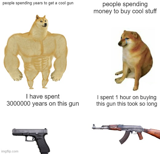 Buff Doge vs. Cheems Meme | people spending years to get a cool gun; people spending money to buy cool stuff; I have spent 3000000 years on this gun; I spent 1 hour on buying this gun this took so long | image tagged in memes,buff doge vs cheems | made w/ Imgflip meme maker