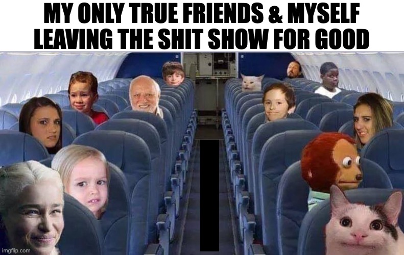 leaving the shit show | MY ONLY TRUE FRIENDS & MYSELF LEAVING THE SHIT SHOW FOR GOOD | image tagged in dank memes,meme lords,in the airplane | made w/ Imgflip meme maker