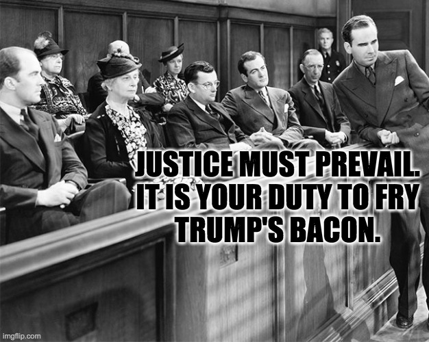 JUSTICE MUST PREVAIL.
IT IS YOUR DUTY TO FRY
TRUMP'S BACON. | made w/ Imgflip meme maker