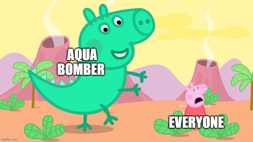 *Aqua Bomber punches* | AQUA BOMBER; EVERYONE | image tagged in dinosaur george chase,bomberman,true | made w/ Imgflip meme maker