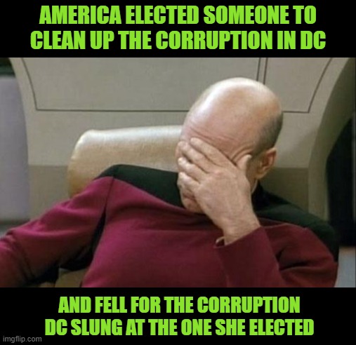 Feckless America | AMERICA ELECTED SOMEONE TO CLEAN UP THE CORRUPTION IN DC; AND FELL FOR THE CORRUPTION DC SLUNG AT THE ONE SHE ELECTED | image tagged in memes,captain picard facepalm | made w/ Imgflip meme maker