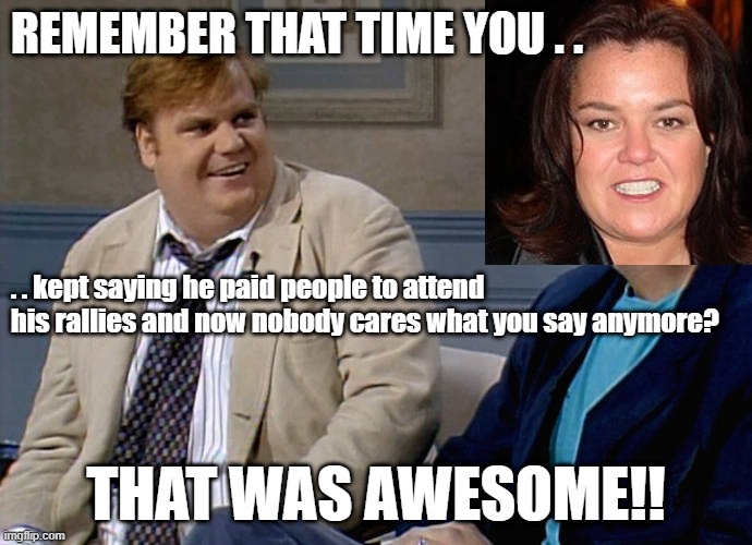 Rosie O'Donnell | REMEMBER THAT TIME YOU . . . . kept saying he paid people to attend his rallies and now nobody cares what you say anymore? THAT WAS AWESOME!! | image tagged in remember that time,rosie o'donnell,donald trump,stupid liberals | made w/ Imgflip meme maker
