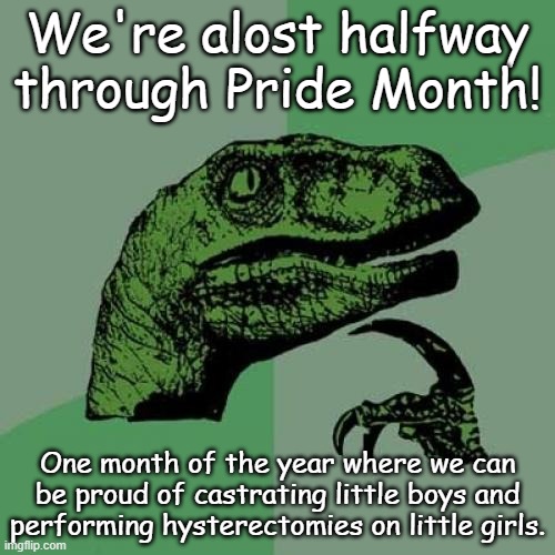 Why should menopausal women be the only ones to enjoy HRT? | We're alost halfway through Pride Month! One month of the year where we can be proud of castrating little boys and performing hysterectomies on little girls. | image tagged in memes,philosoraptor | made w/ Imgflip meme maker