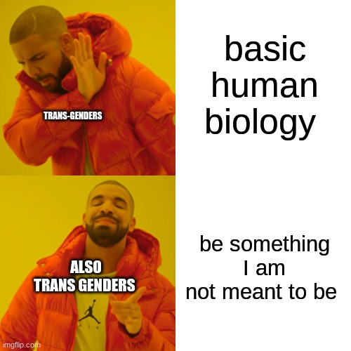 Drake Hotline Bling Meme | basic human biology be something I am not meant to be TRANS-GENDERS ALSO TRANS GENDERS | image tagged in memes,drake hotline bling | made w/ Imgflip meme maker