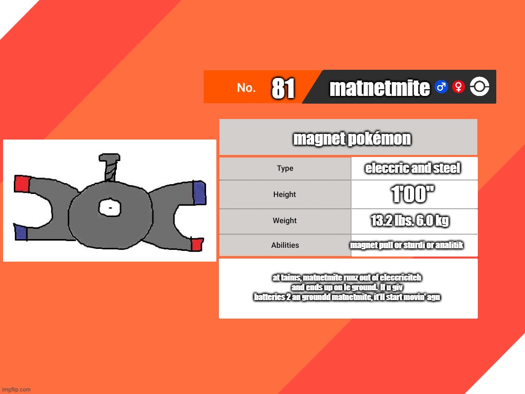 matnetmite | 81; matnetmite; magnet pokémon; eleccric and steel; 1'00"; 13.2 lbs.	6.0 kg; magnet pull or sturdi or analitik; at taims, matnetmite runz out of eleccriciteh and ends up on le ground.  If u giv batteries 2 an groundd matnetmite, it'll start movin' agn | image tagged in blank pokemon swsh pokedex | made w/ Imgflip meme maker